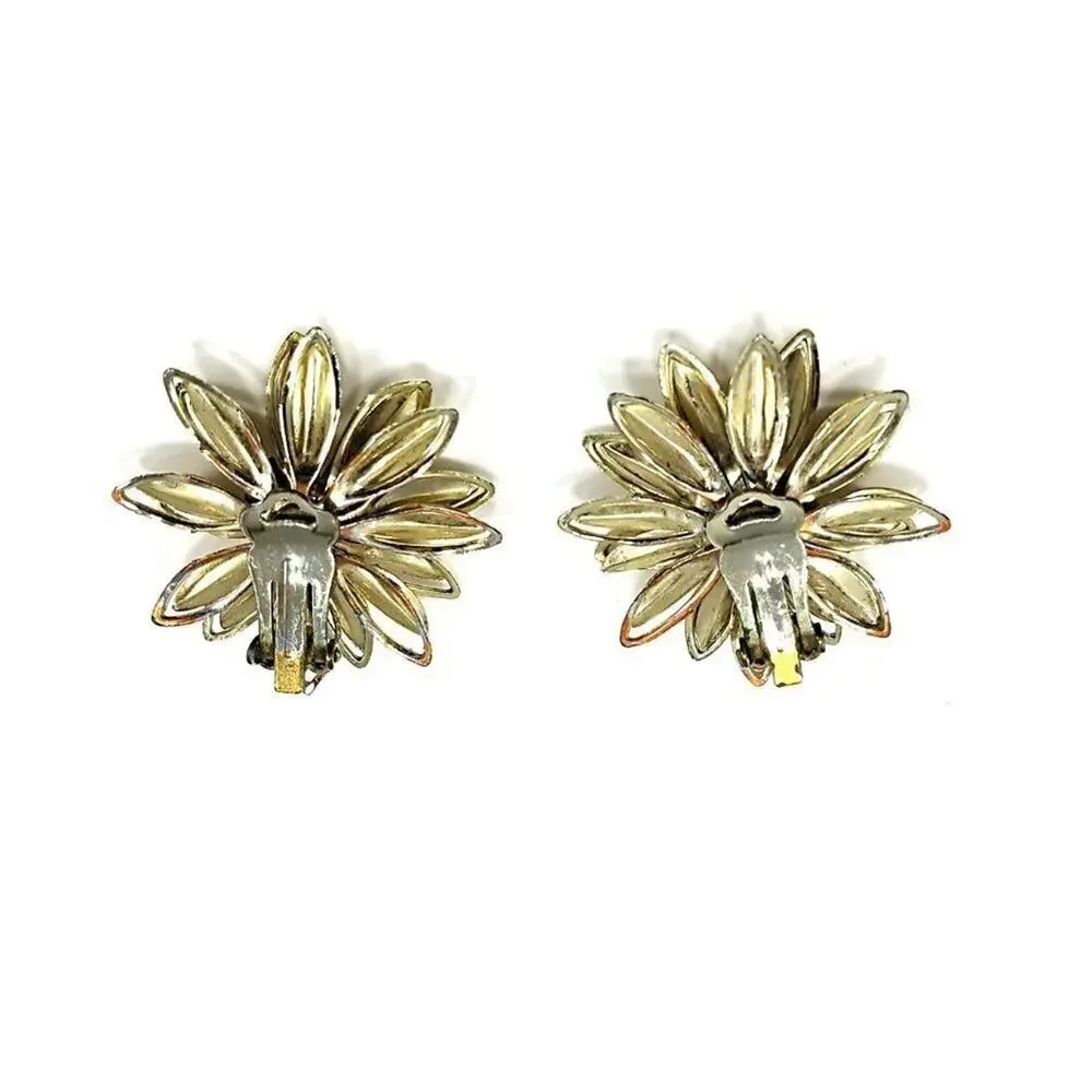 Vintage 1960s Gold Flower Clip Earrings Aurora Borealis Rhinestone